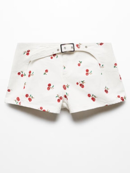 Mango Pants - Mango Belted embroidered shorts with embroidered cherries